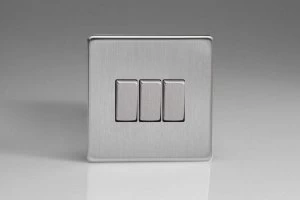 Varilight Screwless 3 Gang 2 Way Switch With Metal Rocker (Single XDS3S) - Brushed Steel - XDS3S