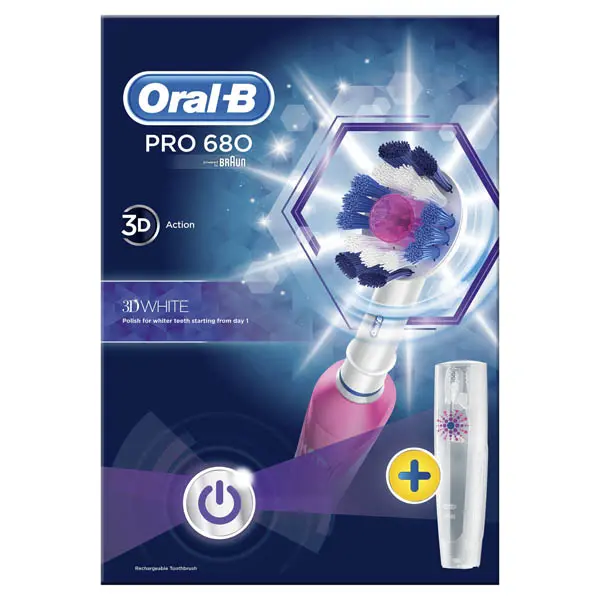 Oral B Pro 680 3D White Rechargeable Electric Toothbrush with Travel Case