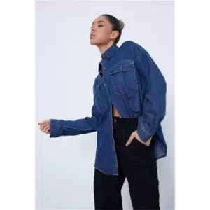 I Saw It First Mid Wash Oversized Pocketed Denim Shirt - Blue