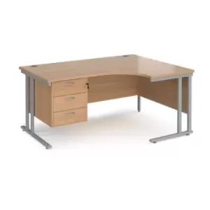 Office Desk Right Hand Corner Desk 1600mm With Pedestal Beech Top With Silver Frame 1200mm Depth Maestro 25 MC16ERP3SB