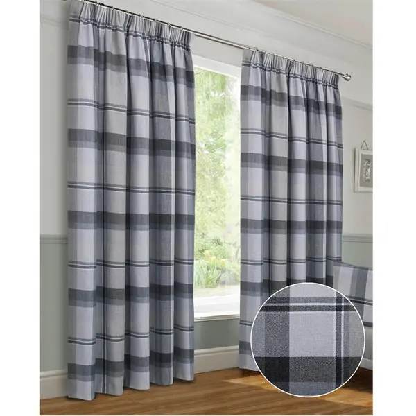 Home Curtains Braemar Check Faux Wool Pencil Pleat Curtains - Grey 45x54