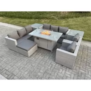 Fimous 8 Seater Outdoor Light Grey Rattan Fire Pit Lounge Complete Sofa Set with Gas Heater and Big Footstool