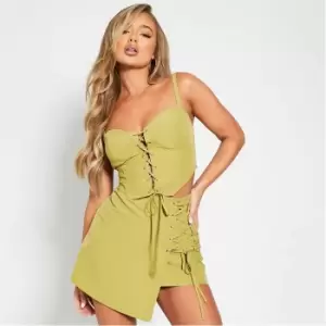 I Saw It First Stretch Woven Lace Up Corset Top Co-ord - Green