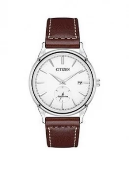 Citizen Eco-Drive Silver Date Dial Brown Leather Strap Mens Watch