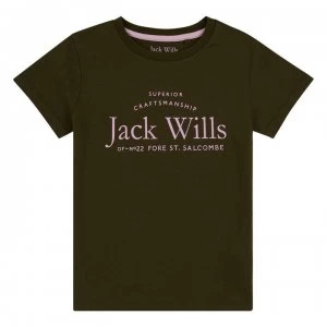 Jack Wills Girls Forstal Script Logo T-Shirt - Khaki/Mayfly