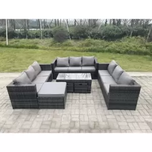 Fimous 9 Seater Outdoor Dark Grey Rattan Lounge Complete Sofa Set with Oblong Rectangular Coffee Table and Big Footstool