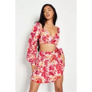 I Saw It First Pink Woven Floral Print Balloon Sleeve Crop Top - Pink