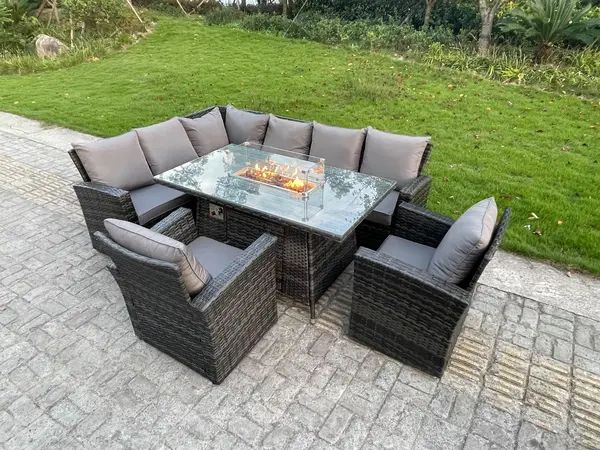 Fimous 8 Seater Outdoor Dark Grey Rattan Lounge Complete Sofa Set with Gas Fire Pit Dining Table and Gas Heater