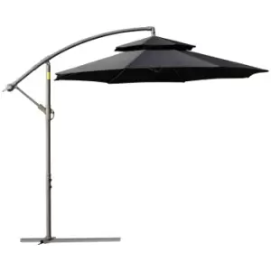 Outsunny 2.7m Garden Banana Parasol Cantilever Umbrella with Crank Handle, Double Tier Canopy and Cross Base for Outdoor, Hanging Sun Shade, Black