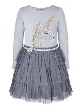 Monsoon Girls Disco Sequin Unicorn Stripe Dress - Grey, Size 11-12 Years, Women