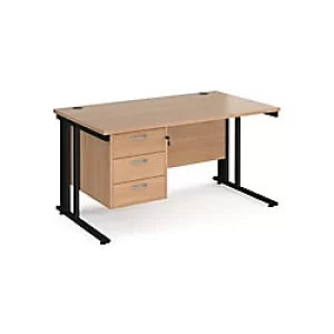 Rectangular Straight Desk Beech Wood Cable Managed Legs Black Maestro 25 1400 x 800 x 725mm 3 Drawer Pedestal