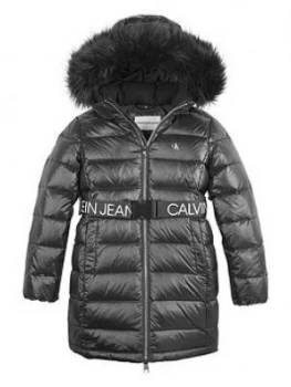 Calvin Klein Jeans Girls Faux Fur Hooded Logo Belted Coat - Black, Size 10 Years, Women
