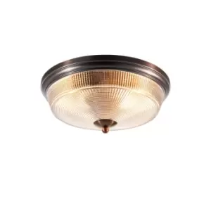 Watson 2 Light E27 Flush Ceiling Lamp, IP44, Bronze, Prismatic Glass