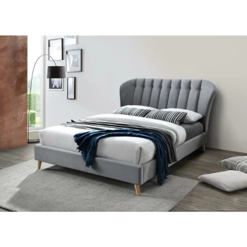 Elm Grey Velvet Fabric Bed with Cushioned Headboard 5ft Kingsize 150cm - Birlea