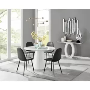 Furniturebox Palma White High Gloss 4 Seat Minimalist Post Modern Round Dining Table & 4 Black Corona Faux Leather Dining Chairs with Black Legs