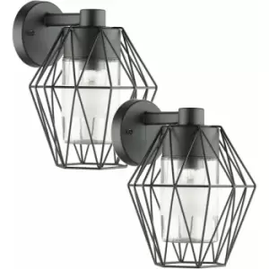 Loops - 2 pack IP44 Outdoor Wall Light Black Wire Cage Shade 1x 60W E27 Porch Lamp