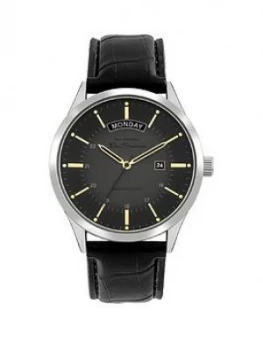 Ben Sherman Grey and Gold Detail DayDate Dial Black Leather Strap Mens Watch, One Colour, Men