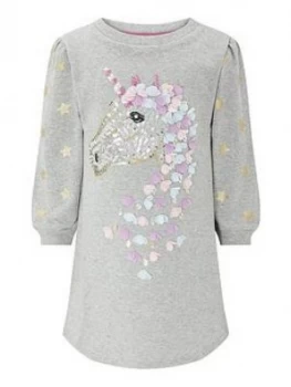 Monsoon Girls Sequin Unicorn Tunic - Grey, Size 11-12 Years, Women