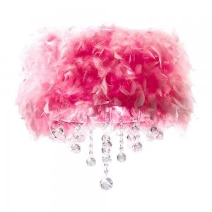 Flush Ceiling with Pink Feather Shade 3 Light Polished Chrome, Crystal