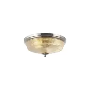 DeRuyter 2 Light E27 Flush Ceiling Lamp, Polished Nickel, Prismatic Glass