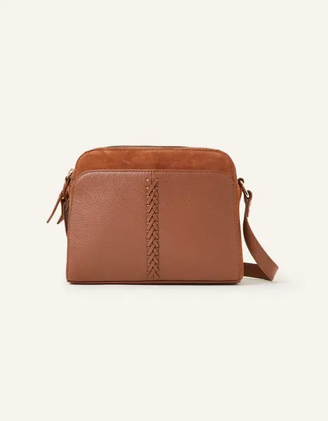 Accessorize Leather Double Zip Cross-Body Bag Tan