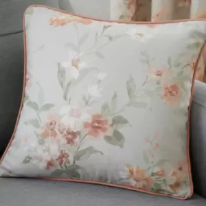 Dreamsdrapes - Dreams & Drapes Jeannie Floral Print 100% Cotton Piped Edge Filled Cushion, Coral, 43 x 43 Cm