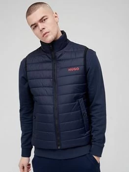 HUGO Slim Fit Water Repellent Padded Gilet with Contrast Logo - Navy, Dark Blue, Size L, Men