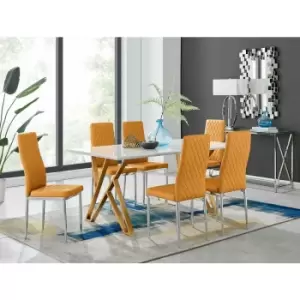 Taranto White High Gloss Dining Table and 6 Mustard Milan Chairs - Mustard Yellow