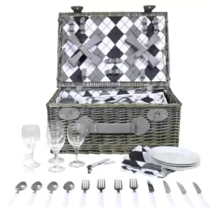 4 Person Wicker Picnic Basket Checkered