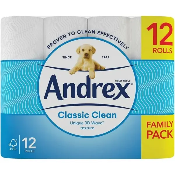 Andrex Classic Clean Unique 3D Wave Texture 12 Toilet Rolls