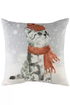 Snowy Cat Hand-Painted Watercolour Printed Cushion