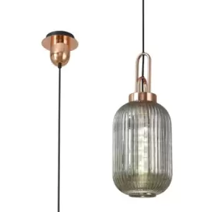 Luminosa 1 Light Pendant E27 With 20cm Tubular Ribbed Glass, Smoked Copper, Matt Black