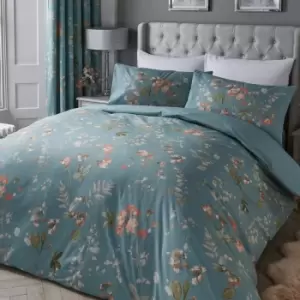 Dreams & Drapes Farah Floral Print Easy Care Duvet Cover Set, Duck Egg, Single