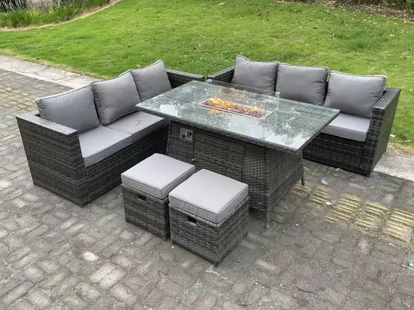 Fimous 6 Seater Outdoor Dark Grey Rattan Lounge Complete Sofa Set with Gas Firepit Dining Table, Heater and 2 Stools