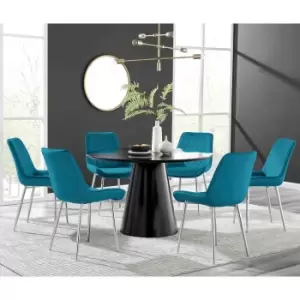 Furniture Box Palma Black Semi Gloss Round Dining Table and 6 Blue Pesaro Silver Chairs