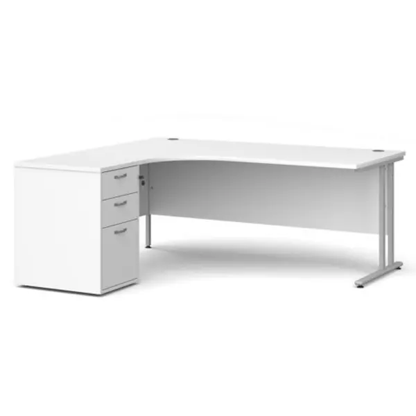 Office Desk Left Hand Corner Desk 1800mm With Pedestal White Top With Silver Frame Maestro 25