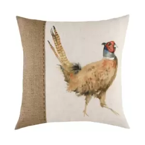 Hessian Pheasant Square Cushion White / 43 x 43cm / Polyester Filled