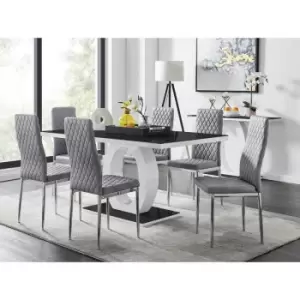 Furniturebox UK - Furniturebox Giovani 6 Black Dining Table & 6 Grey Milan Velvet Dining Chairs Diamond Stitch Modern Contemporary Chrome Metal