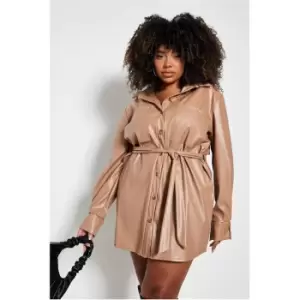 I Saw It First Plus Size Faux Leather Belted Shirt Dress - Brown