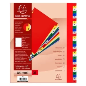 Exacompta Indices PP A4+, 31 Part, 1-31, Coloured Tab, White, Pack of 20