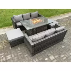 Fimous 6 Seater Outdoor Dark Grey Rattan Lounge Complete Sofa Set with Gas Fire Pit and 2 Big Footstools