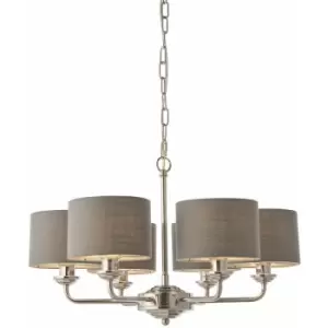 Ceiling Pendant Light - Bright Nickel Plate & Charcoal Fabric - 6 x 28W E14