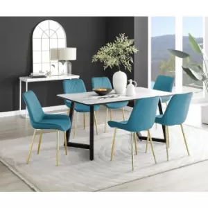 Furniturebox UK - Furniturebox Carson White Marble Effect Rectangular 160cm Dining Table & 6 Blue Pesaro Gold Leg Velvet Chairs