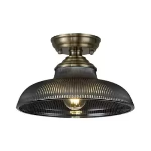 Luminosa Talisa Flush Ceiling Lamp E27 With Round 30cm Glass Shade Antique Brass, Smoked