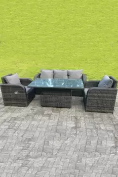 Fimous 5 Seater Outdoor Dark Grey Rattan Lounge Complete Sofa Set with Adjustable Dining Table and Reclining Chairs