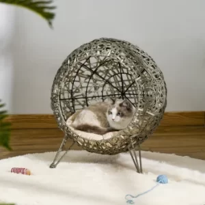 Pawhut Woven Rattan Wicker Elevated Cat Bed House Kitten Pussy Basket Ball Shaped Pet Furniture w/ Removable Cushion Smoky Grey 52 x 52 x 58 cm