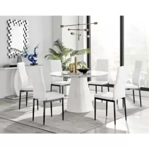 Furniturebox Palma White Marble Effect 120cm Round Minimalist Dining Table & 6 White Milan Black Leg Faux Leather Chairs