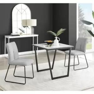 Furniturebox Carson White Marble Effect Square Dining Table & 2 Light Grey Halle Fabric Chairs