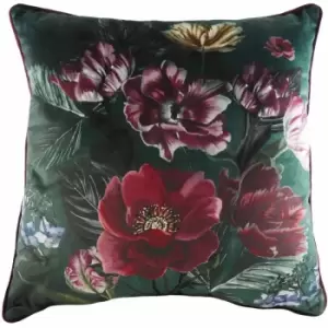 Evans Lichfield - Eden Bloom Floral Print Faux Velvet Piped Edge Cushion Cover, Multi, 50 x 50 Cm