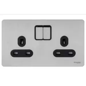 Schneider Electric Ultimate Screwless Flat Plate - Double Switched Power Socket, 13A, GU3420BSS, Stainless Steel with Black Insert